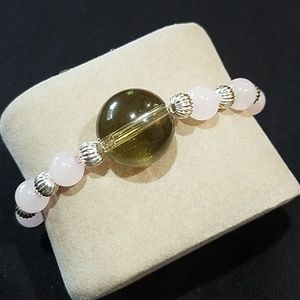 Original Rose Quartz, Green Glass & Metal bracelet